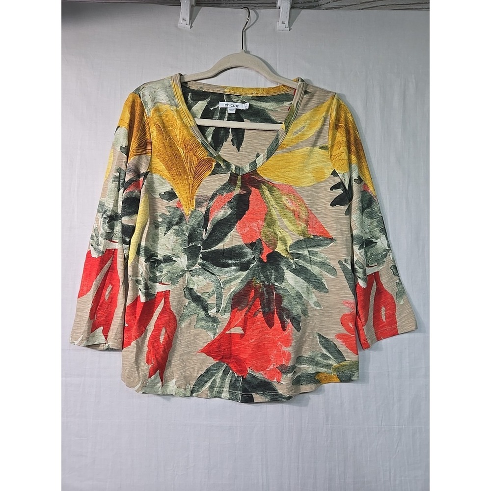Chico's Women's 1 US M Tropical Floral Print Tee Slub‎ Knit Cotton/Modal Beachy